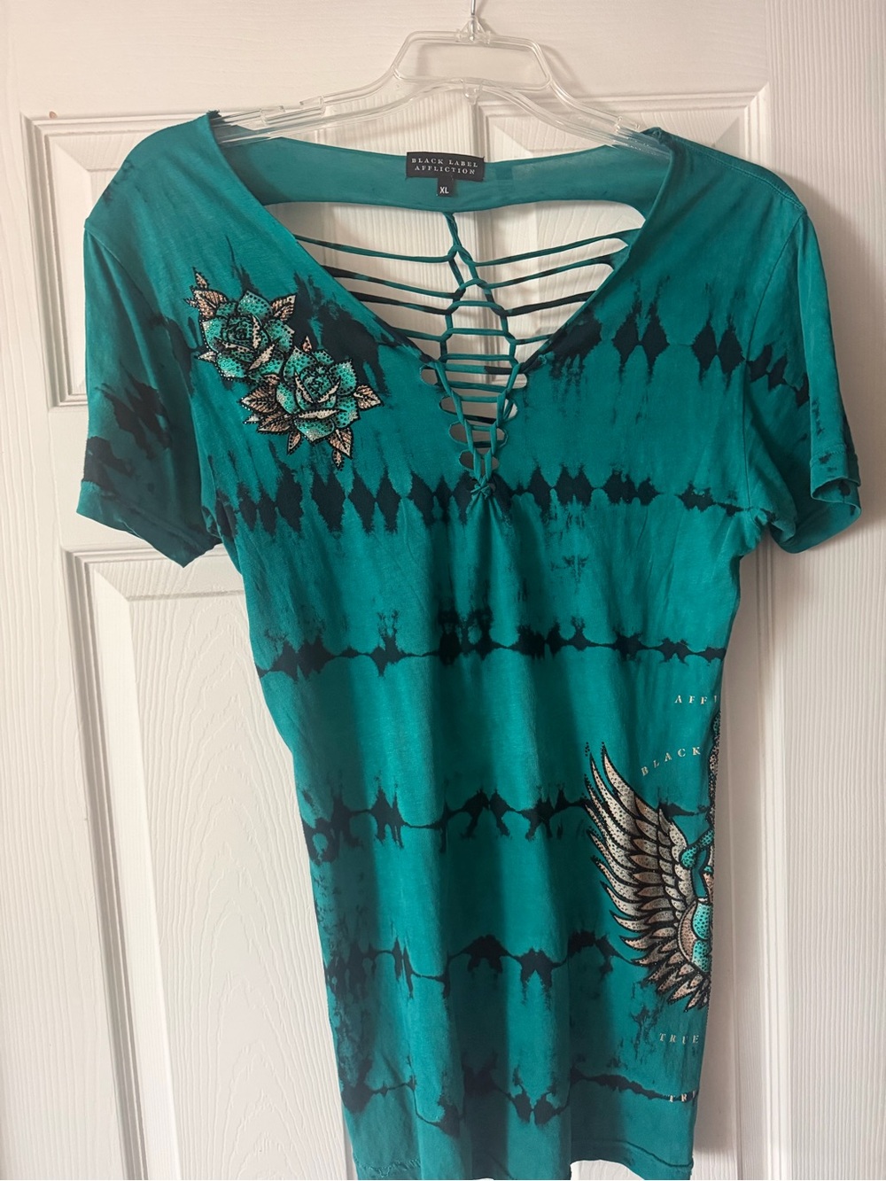 Affliction Teal Tie-Dye Lace-Up Short Sleeve Top